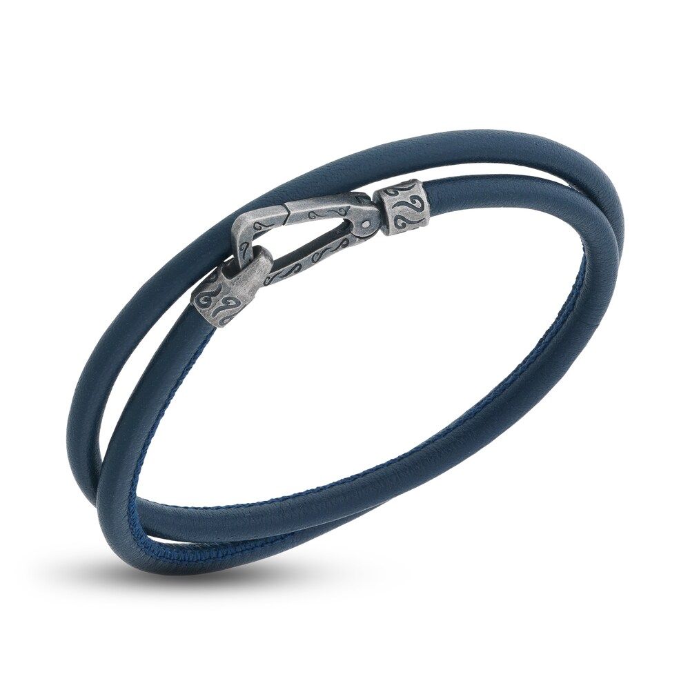 Marco Dal Maso Men's Smooth Blue Leather Double Wrap Bracelet Sterling Silver 16" taVqHmIR Marco Dal Maso Men's Smooth Blue Leather Double Wrap Bracelet Sterling Silver 16" taVqHmIR