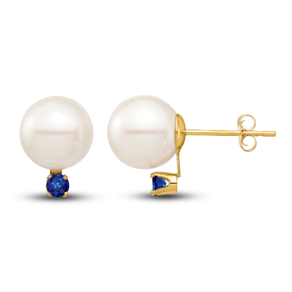 Cultured Freshwater Pearl & Natural Blue Sapphire Stud Earrings 14K Yellow Gold tmtIYcCx Cultured Freshwater Pearl & Natural Blue Sapphire Stud Earrings 14K Yellow Gold tmtIYcCx