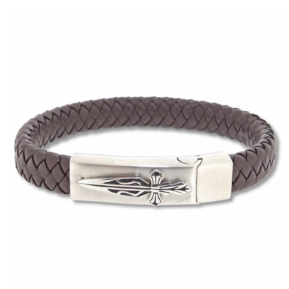 Men's Woven Bracelet Black Leather Stainless Steel 8.5" wB7tLnvv Men's Woven Bracelet Black Leather Stainless Steel 8.5" wB7tLnvv