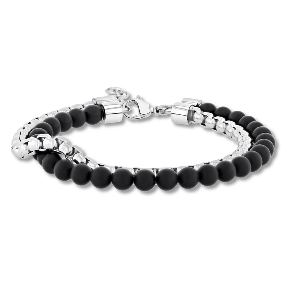 Men's Black Onyx Bead & Box Chain Bracelet Stainless Steel 8.5" xT9l8ezi Men's Black Onyx Bead & Box Chain Bracelet Stainless Steel 8.5" xT9l8ezi