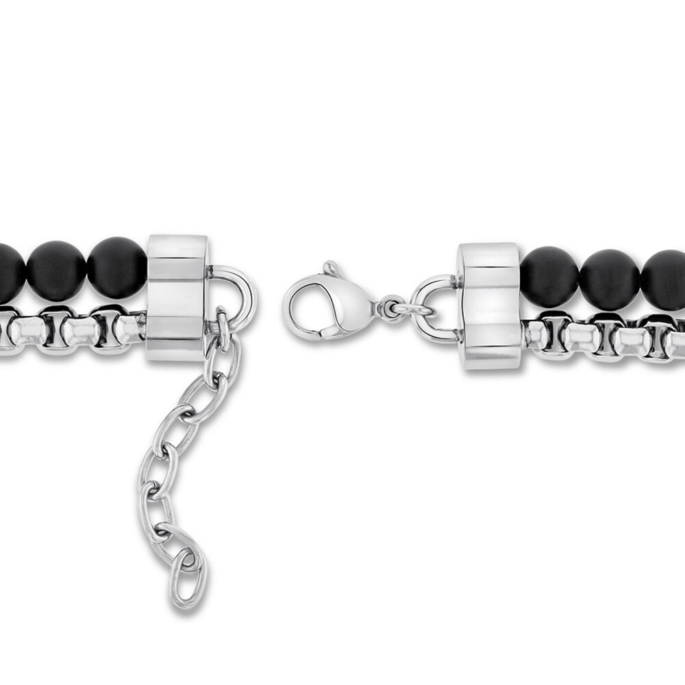 Men\'s Black Onyx Bead & Box Chain Bracelet Stainless Steel 8.5\" xT9l8ezi