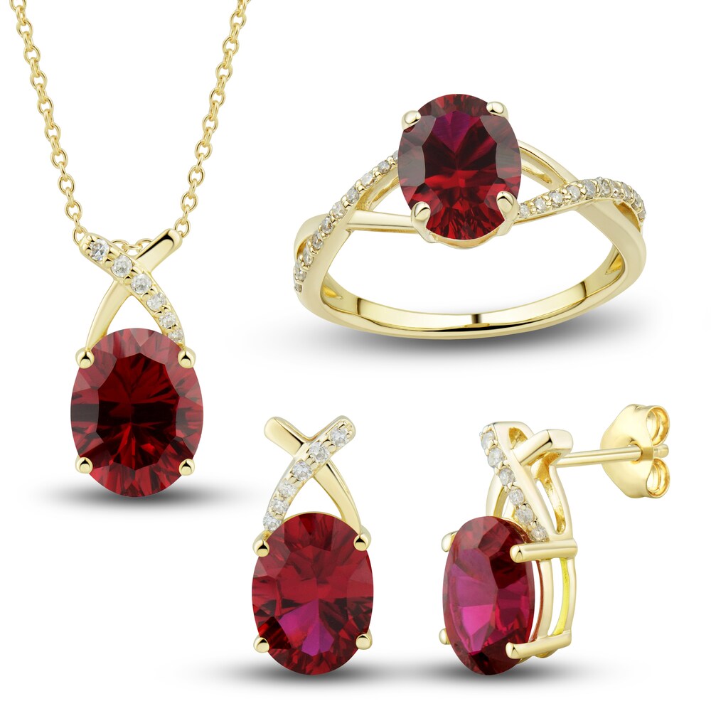 Lab-Created Ruby Ring, Earring & Necklace Set 1/5 ct tw Diamonds 10K Yellow Gold y3pLcrYx Lab-Created Ruby Ring, Earring & Necklace Set 1/5 ct tw Diamonds 10K Yellow Gold y3pLcrYx