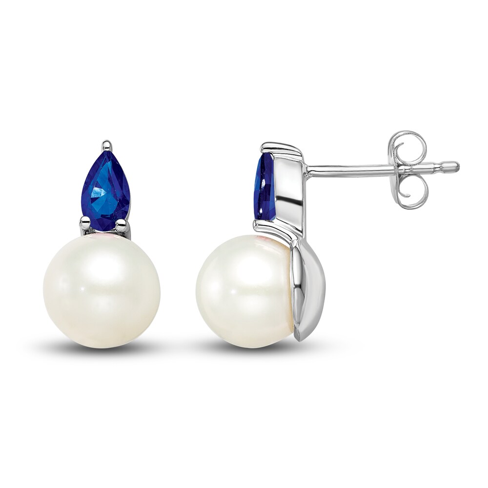 Cultured Freshwater Pearl & Natural Blue Sapphire Stud Earrings 14K White Gold yObXstMf Cultured Freshwater Pearl & Natural Blue Sapphire Stud Earrings 14K White Gold yObXstMf