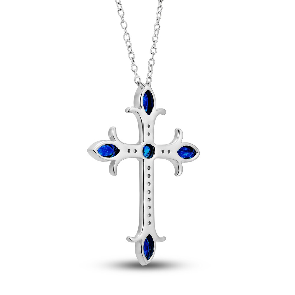 Natural Blue Sapphire Cross Pendant Necklace 1/10 ct tw Diamonds 14K White Gold 3L4pVomz