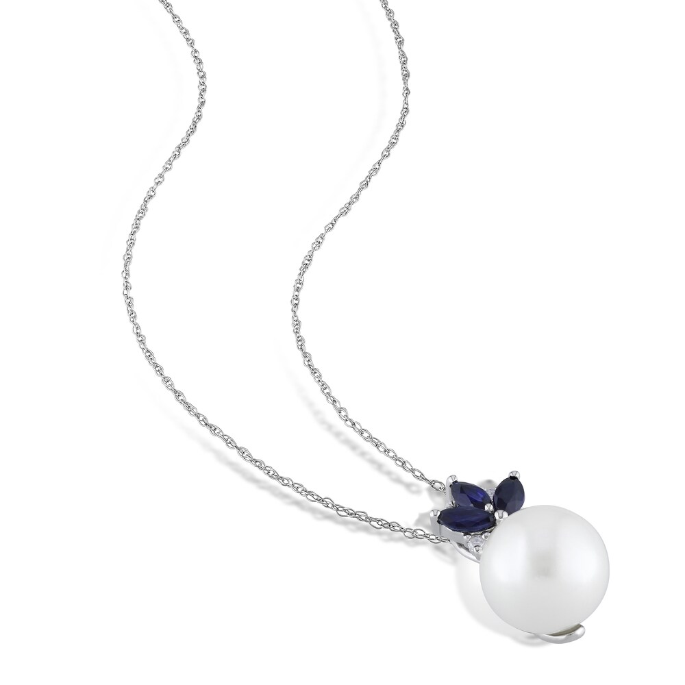 Cultured Freshwater Pearl & Natural Blue Sapphire Necklace 10K White Gold CylzTZag Cultured Freshwater Pearl & Natural Blue Sapphire Necklace 10K White Gold CylzTZag
