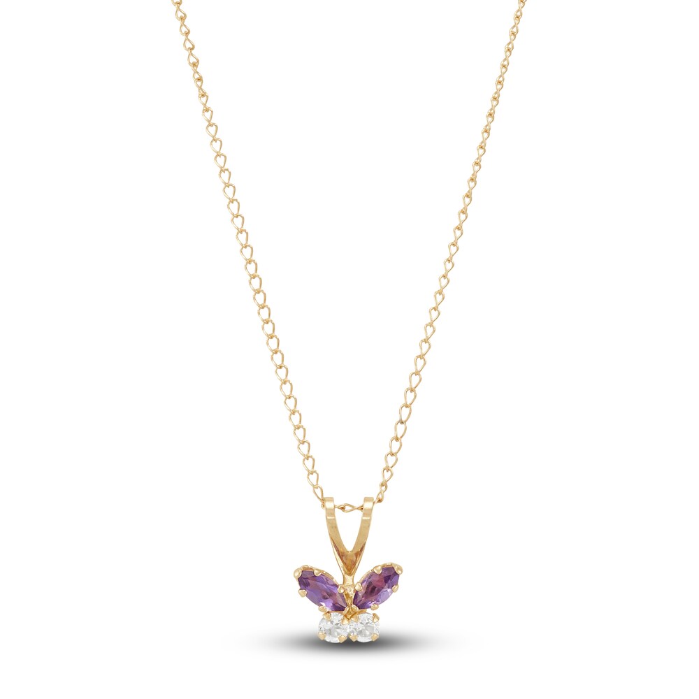 Children's Natural Amethyst & Natural White Topaz Butterfly Necklace 14K Yellow Gold 13" LHmTXqRt