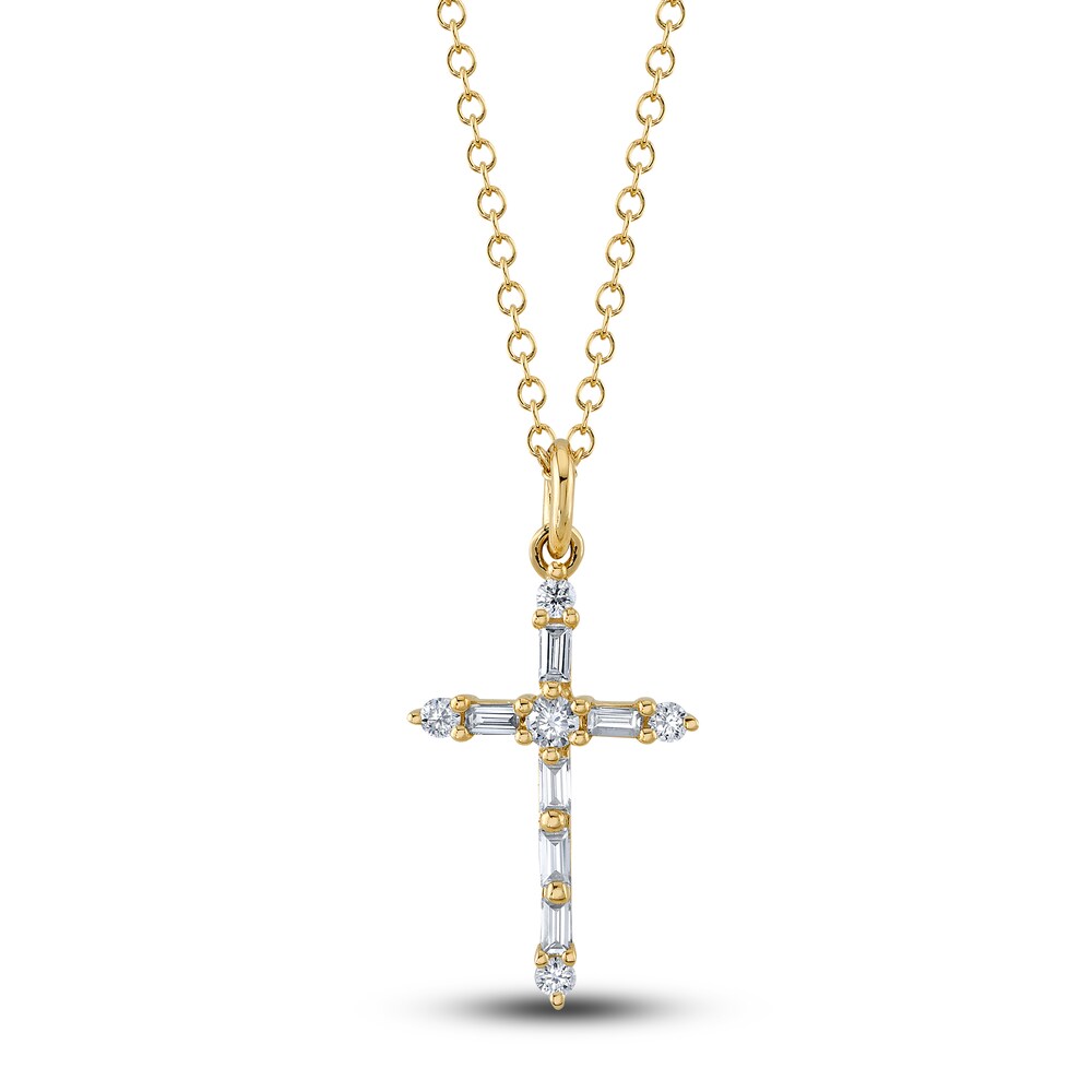 Shy Creation Diamond Cross Pendant Necklace 1/8 ct tw Baguette/Round 14K Yellow Gold 18" SC55024397 bXoYn5jc