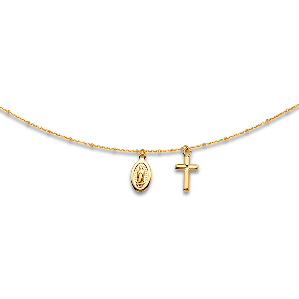 Virgin Mary & Cross Choker Necklace 14K Yellow Gold 16" Adj. l0T41RnD Virgin Mary & Cross Choker Necklace 14K Yellow Gold 16" Adj. l0T41RnD