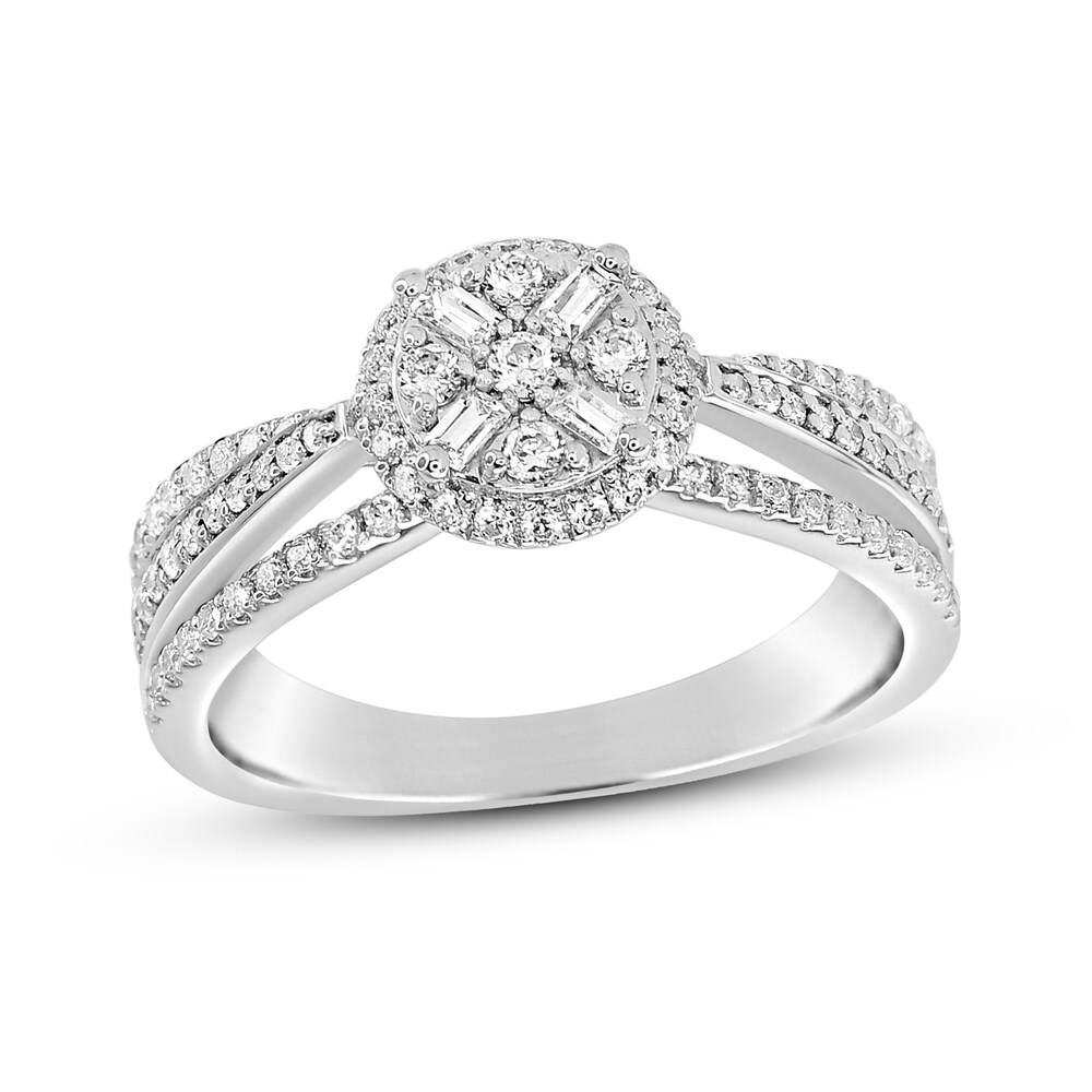 Diamond Engagement Ring 7/8 ct tw Round/Baguette 14K White Gold 3CxeYnVO