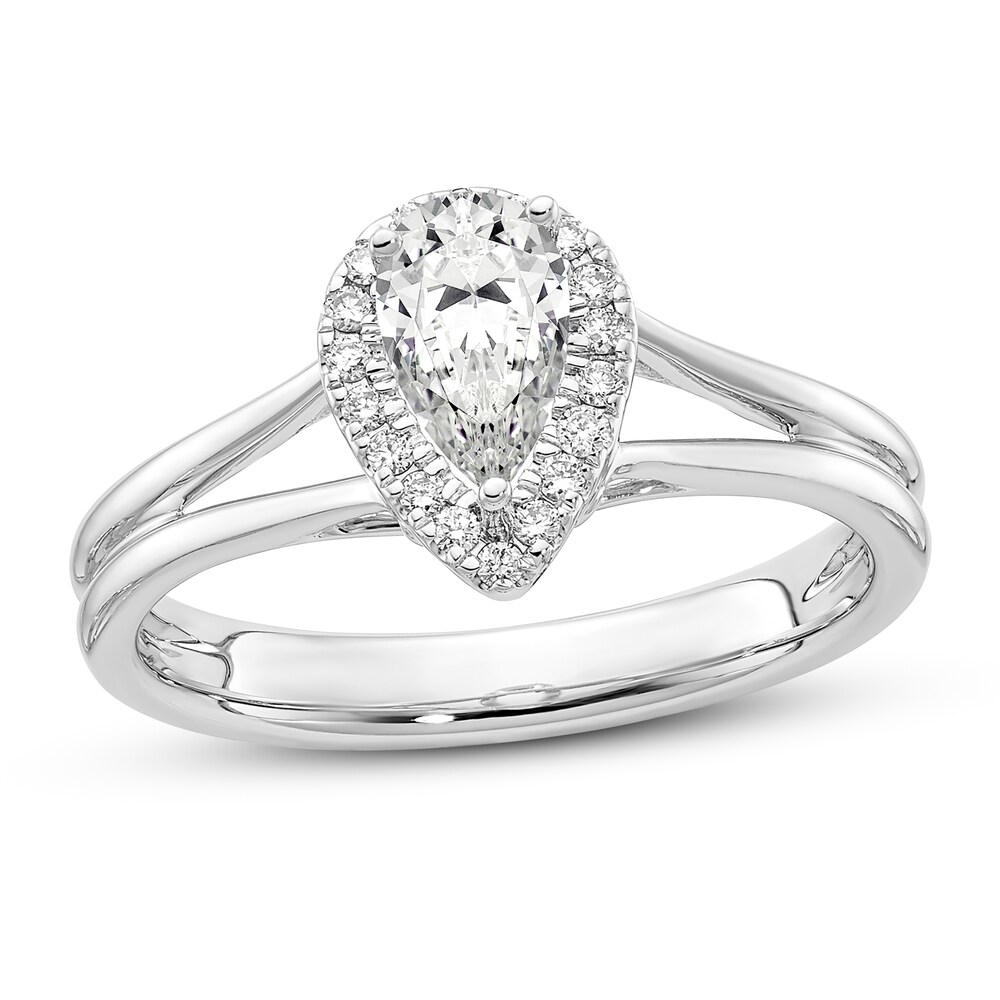 Diamond Halo Engagement Ring 1/2 ct tw Pear-shaped/Round 14K White Gold BrMSl9Kw Diamond Halo Engagement Ring 1/2 ct tw Pear-shaped/Round 14K White Gold BrMSl9Kw