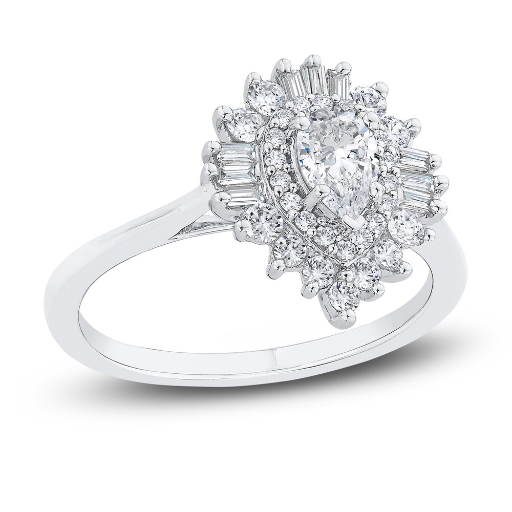 Diamond Engagement Ring 7/8 ct tw Pear-shaped/Round/Baguette 14K White Gold HSCdgPEE Diamond Engagement Ring 7/8 ct tw Pear-shaped/Round/Baguette 14K White Gold HSCdgPEE