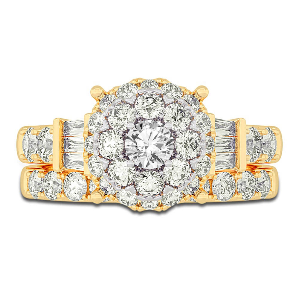 Diamond Halo Bridal Set 2 ct tw Round/Baguette 14K Yellow Gold gtBztw7d